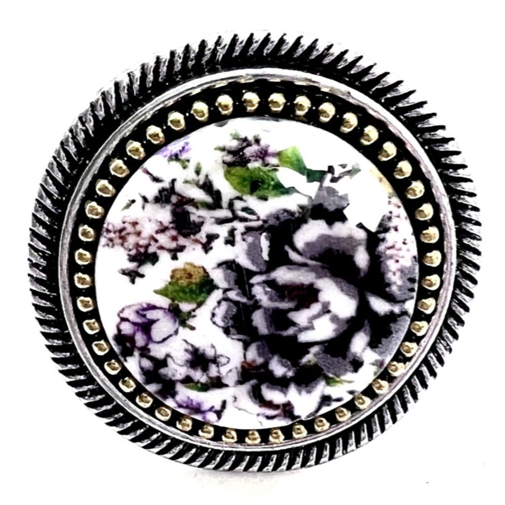 Two Tones Silver and Gold Color Ring-Purple Rose Fashion Ring (Stretchable Ring)